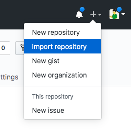 plus menu, between alert and profile menus, with import repository as the second option