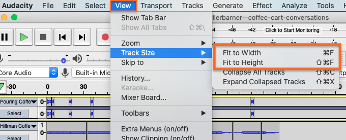 Audacity's File menu, with Track Size options highlighted