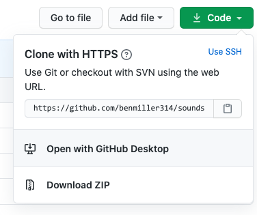 Code button to clone repo; also includes the URL to use with the command line.