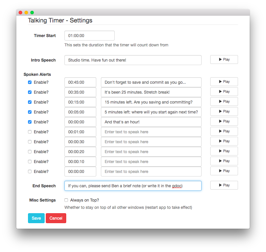 Talking Timer settings with custom text such as 'it\'s been 25 minutes. Stretch break!' and '15 minutes left. Are you saving and committing?'