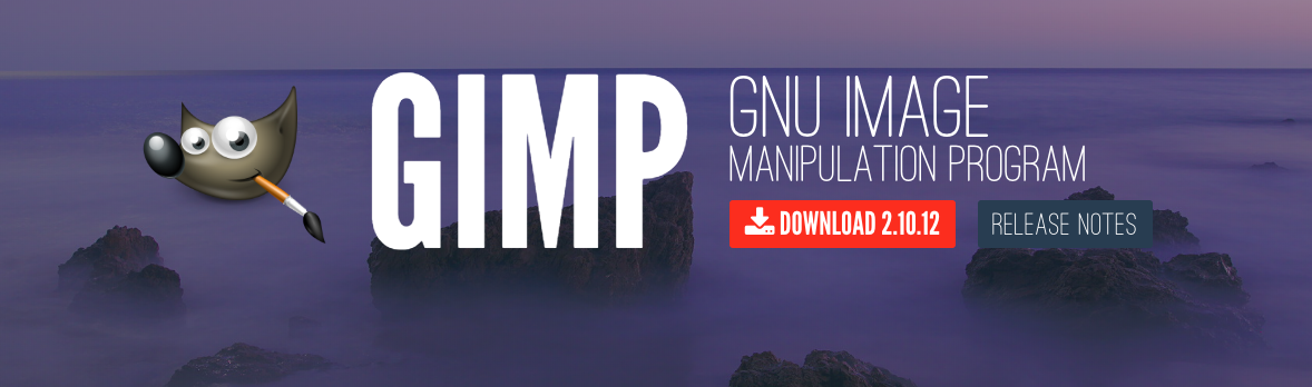 over background of misty rocks in shades of purple, text reads 'GIMP: Gnu Image Manipulation Program'