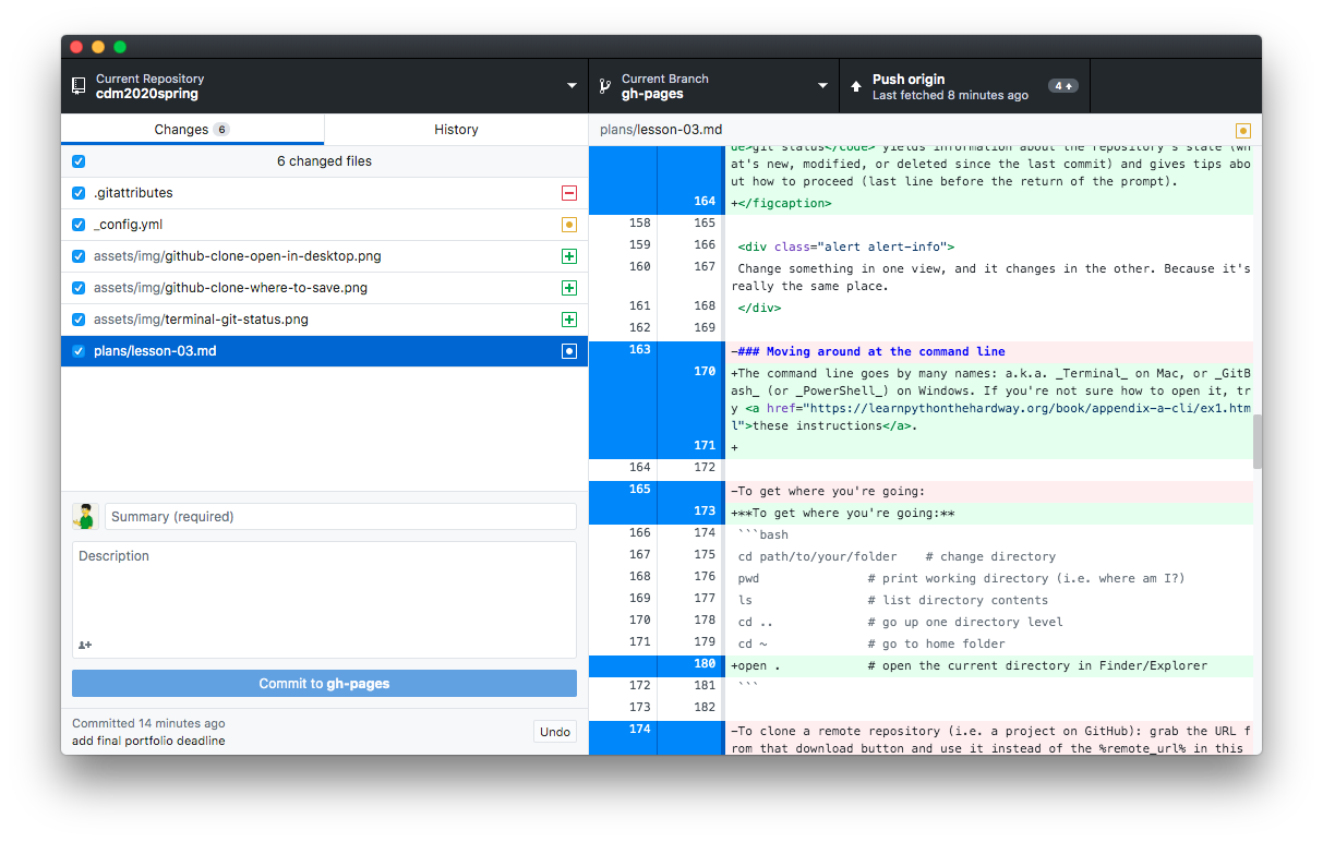 github desktop shows status and diff view by default