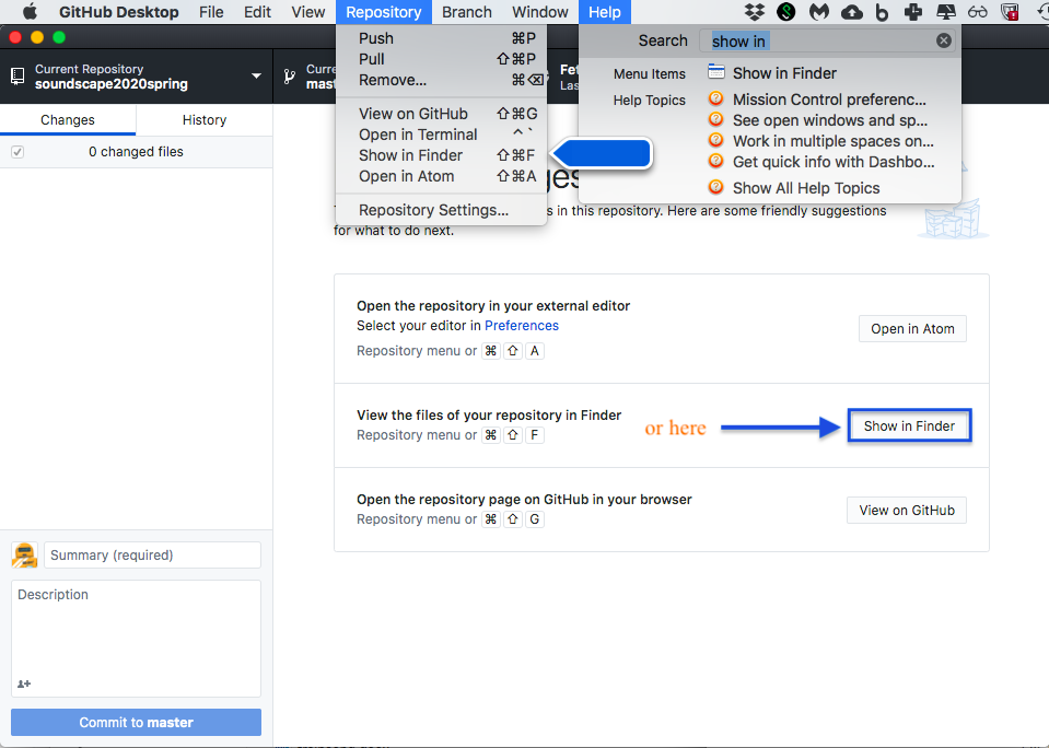 GitHub Desktop with Show in Finder button highlighted in main area and Repository menu