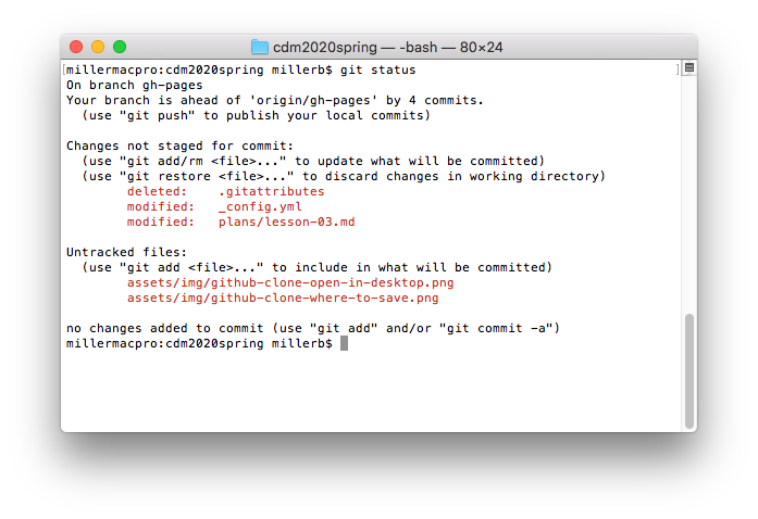 terminal window showing git status command