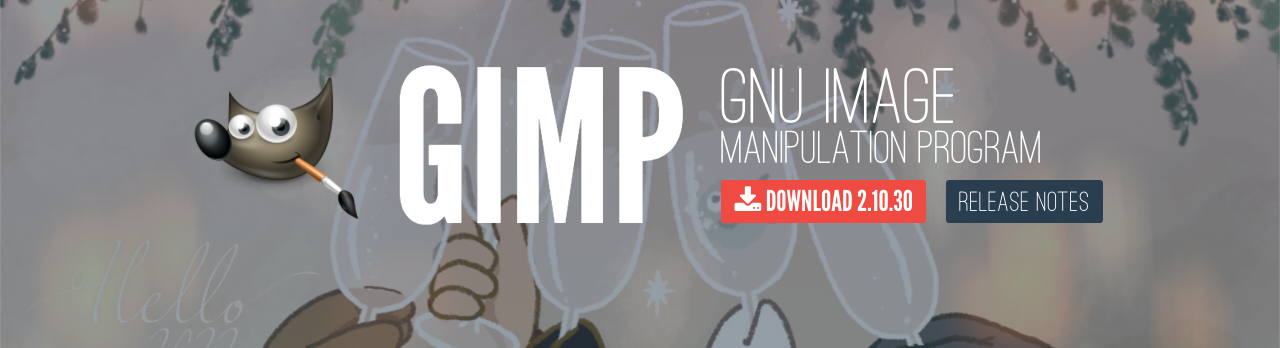 over background of champagne flutes raised in a toast by hands of different skin tones (and also two hooves), text reads 'GIMP: GNU Image Manipulation Program'