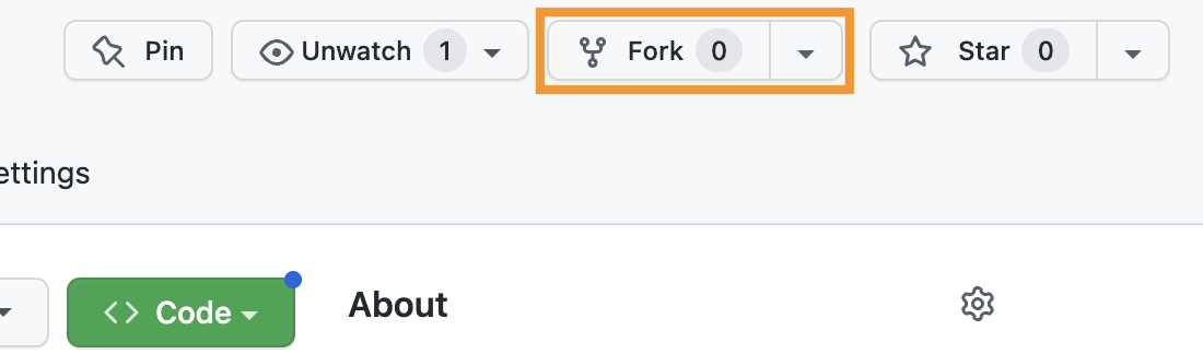 the fork button is part of the first bank of options after the repository name