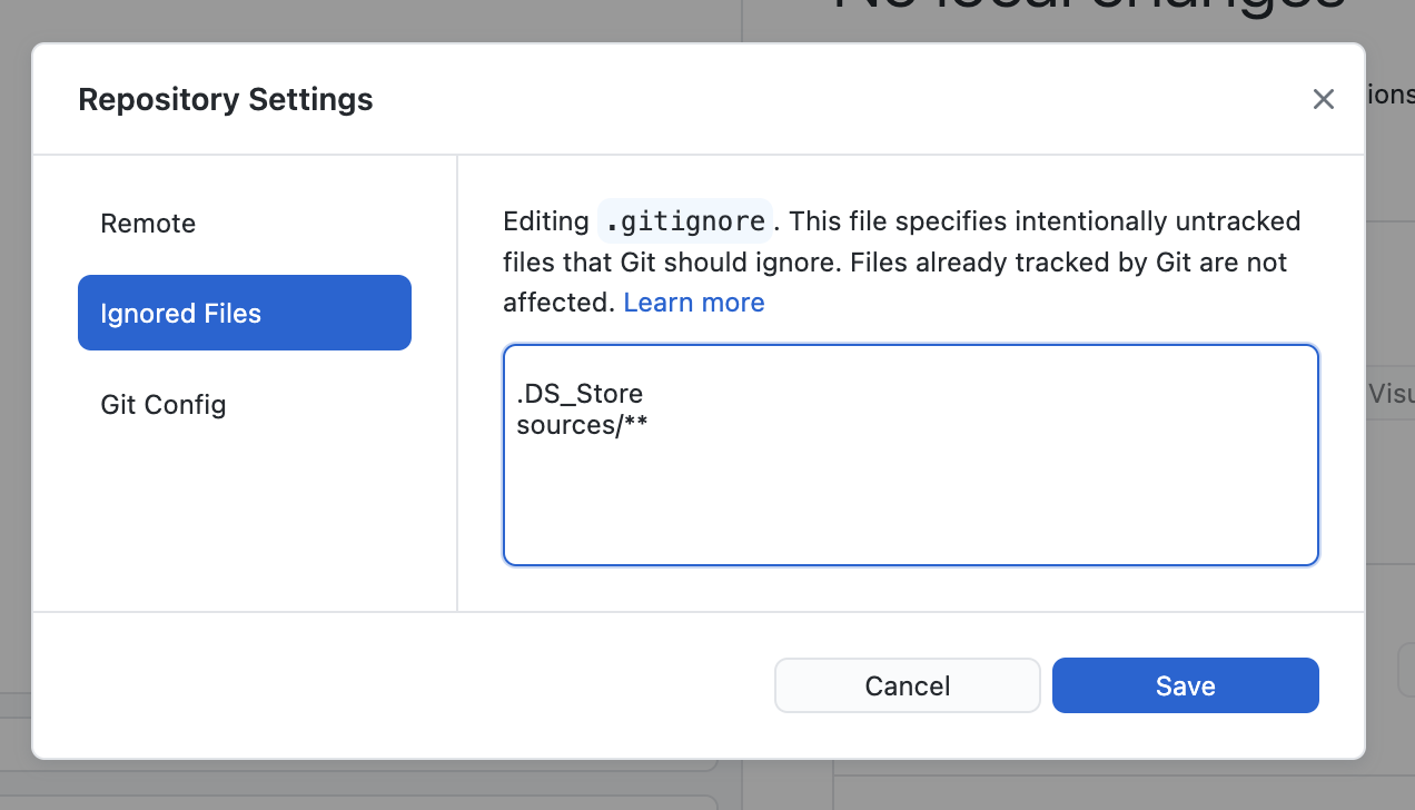 GitHub Desktop ignored files dialog box