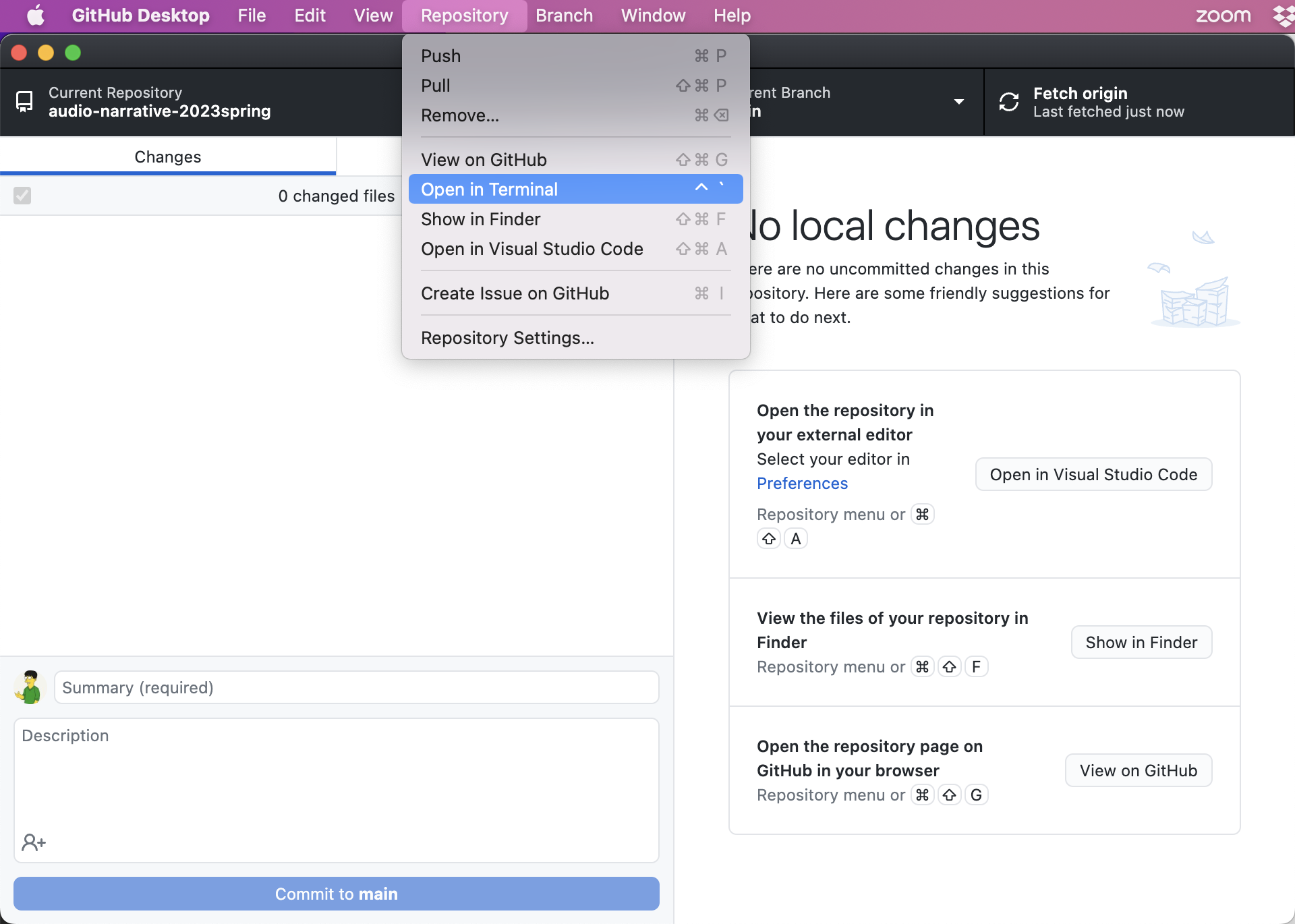 screenshot of the Repository menu in GitHub Desktop