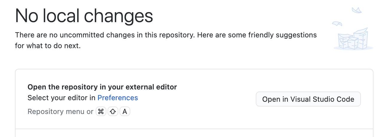GH Desktop's open in editor button appears when there are no changes to commit.'