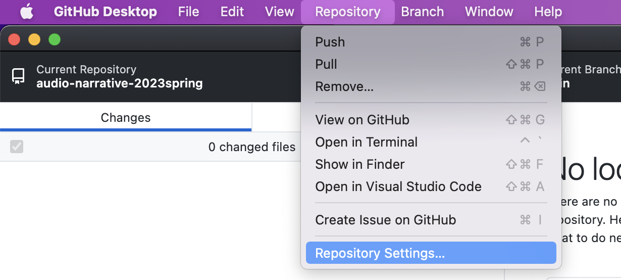 GitHub Desktop repository menu, highlighting the repository settings option