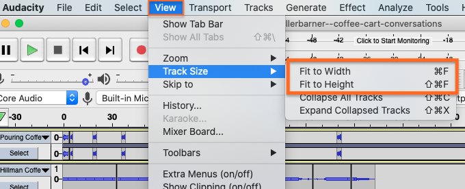 Audacity's View menu, with Track Size options highlighted