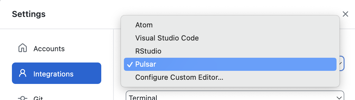 GitHub Desktop settings' Integrations menu