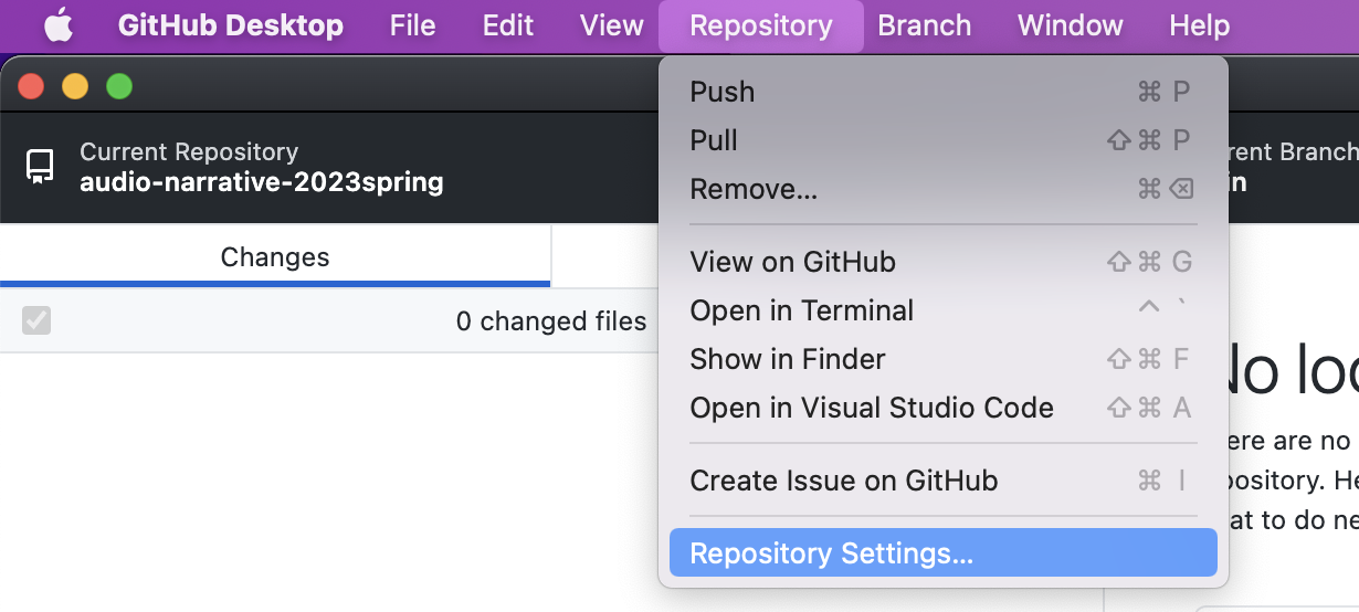 GitHub Desktop's Repository menu