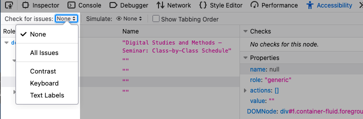 close-up of firefox accessibility inspector's check issues button