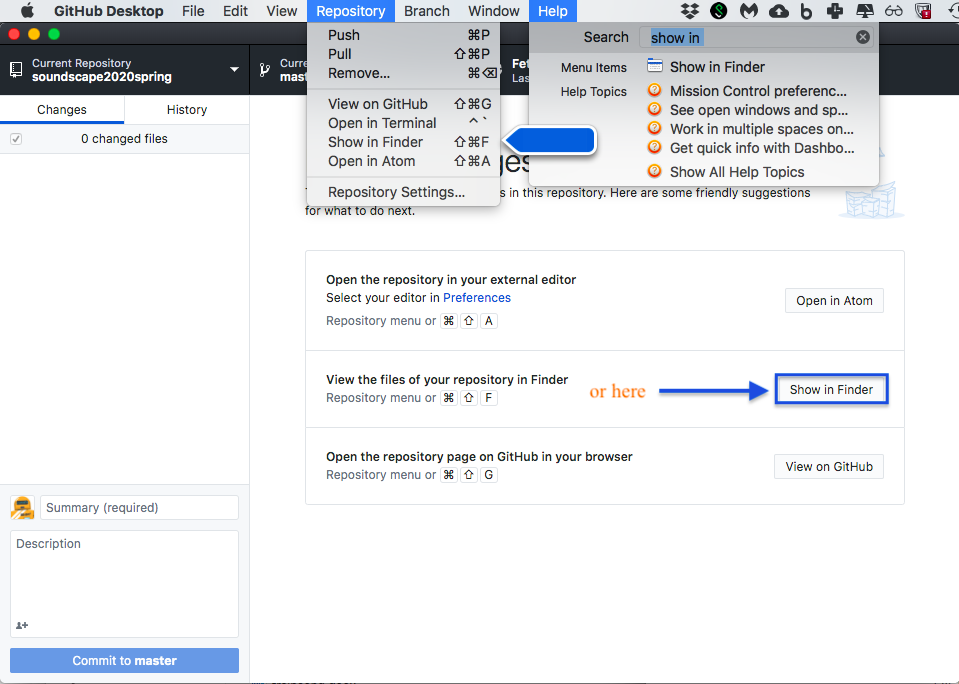 open in finder, using the button or the 'repository' menu