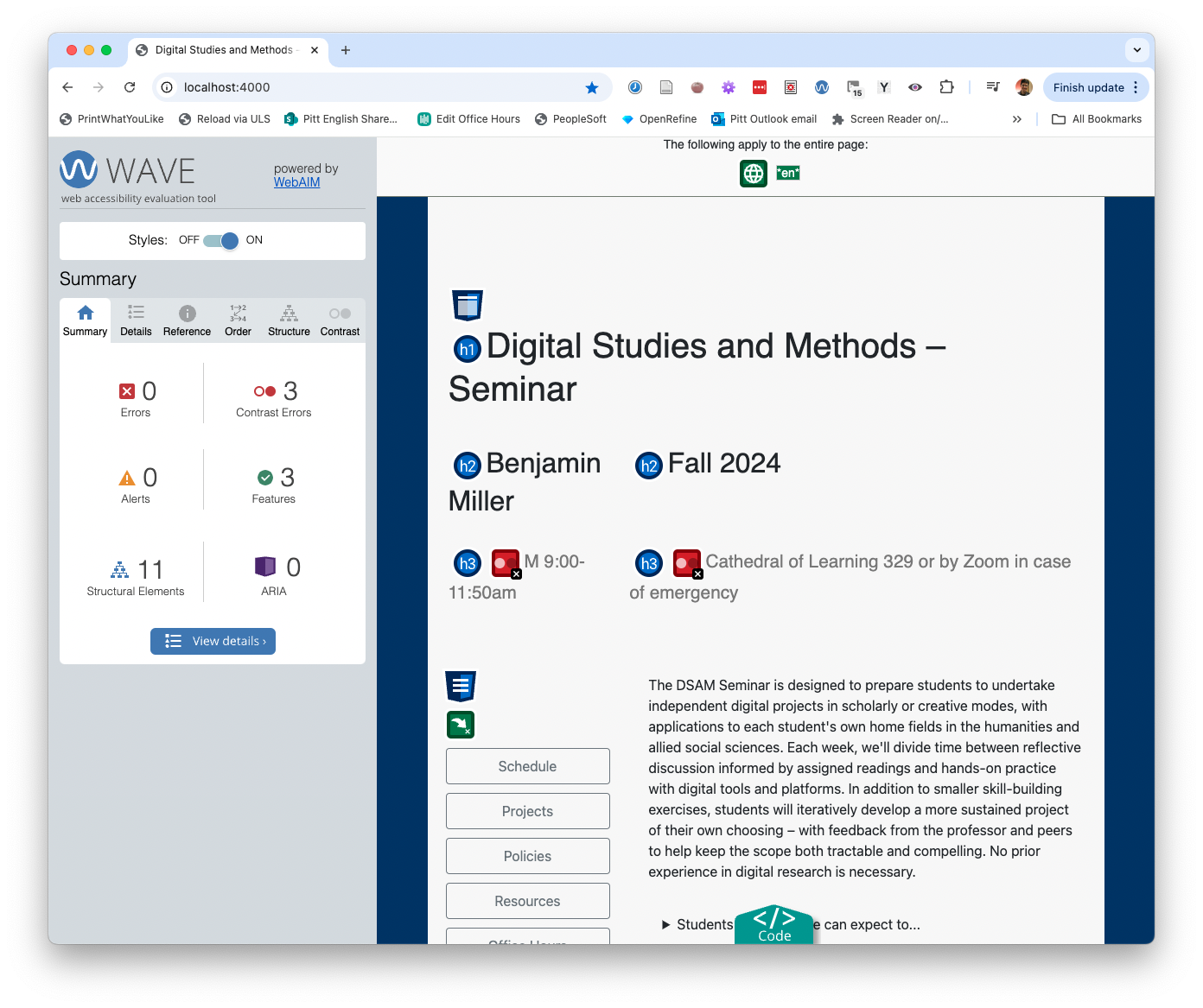 course homepage with the WAVE extension enabled